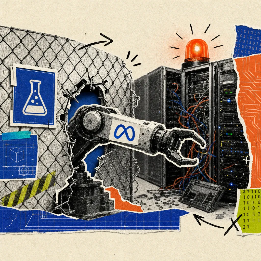 A robotic arm with a Meta logo sticker breaks through a chain-link fence in front of a row of servers with a blinking warning light