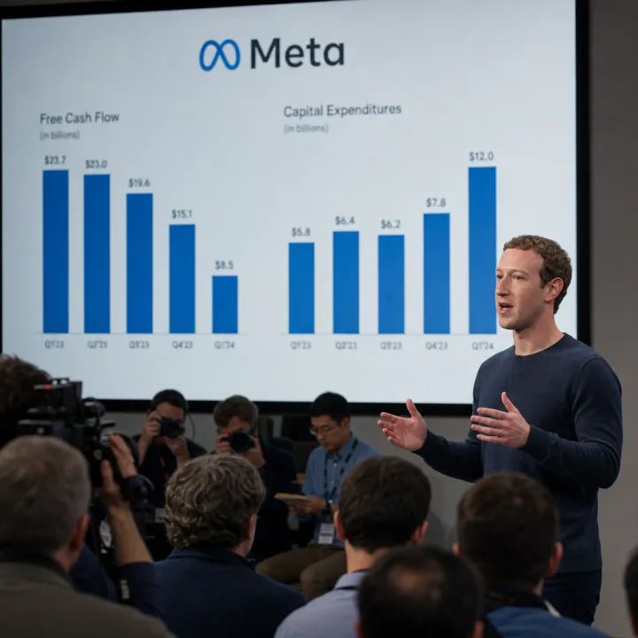 Mark Zuckerberg presenting Meta's second-quarter 2026 earnings, with the Meta logo and a bar chart showing declining free cash flow in the background
