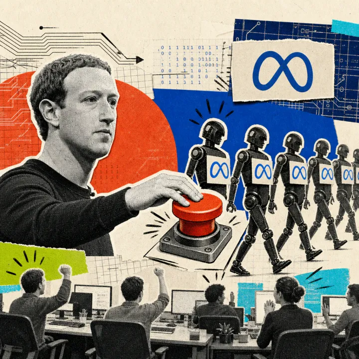 Mark Zuckerberg drückt einen roten Stopp-Knopf vor einer Reihe marschierender Roboter-Silhouetten mit Meta-Logo, im Hintergrund erleichterte Büroangestellte