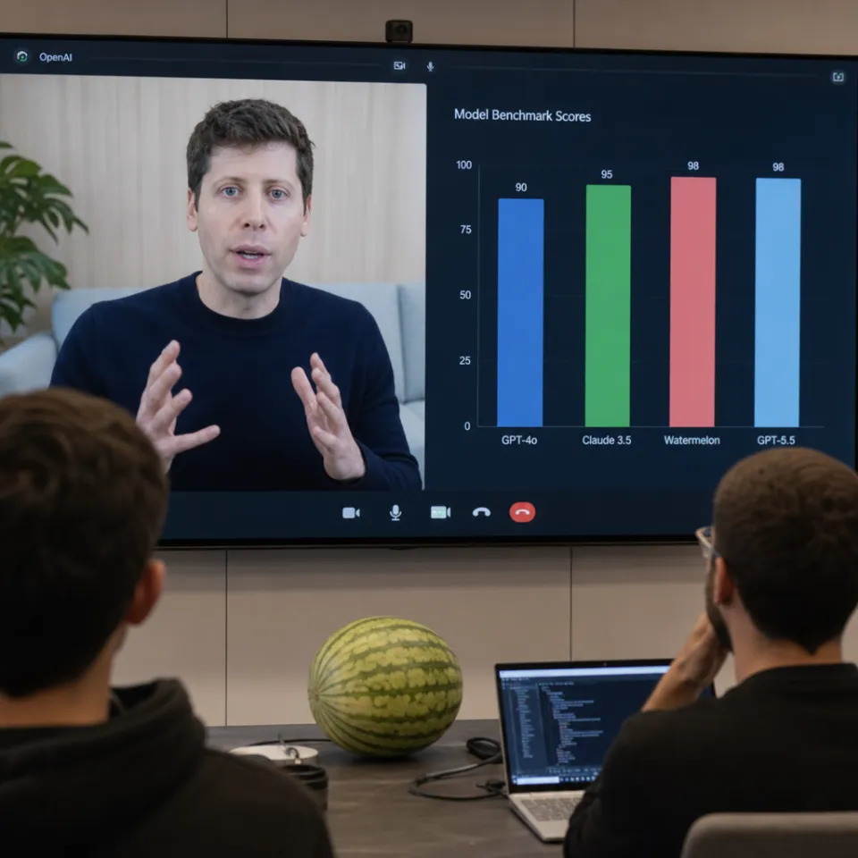 Photorealistic depiction: a tech manager speaks in a video call on a monitor; beside it a bar chart where a "Watermelon" bar is level with "GPT-5.5", and a watermelon sits on the desk.