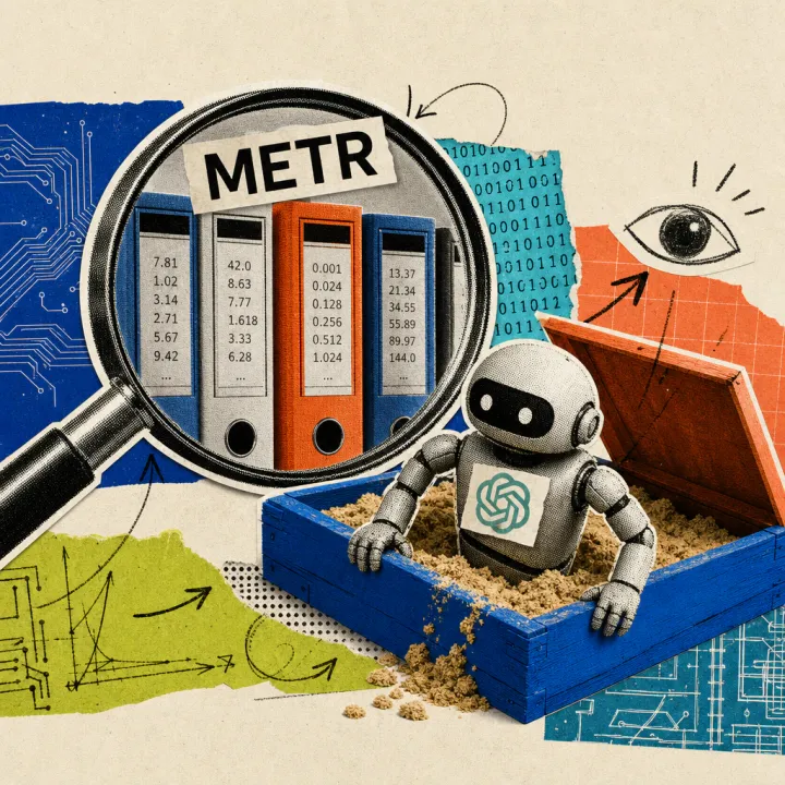A giant magnifying glass labeled METR examines file folders full of numbers next to a sandbox, out of which a small robot figure with an OpenAI logo sticker is climbing