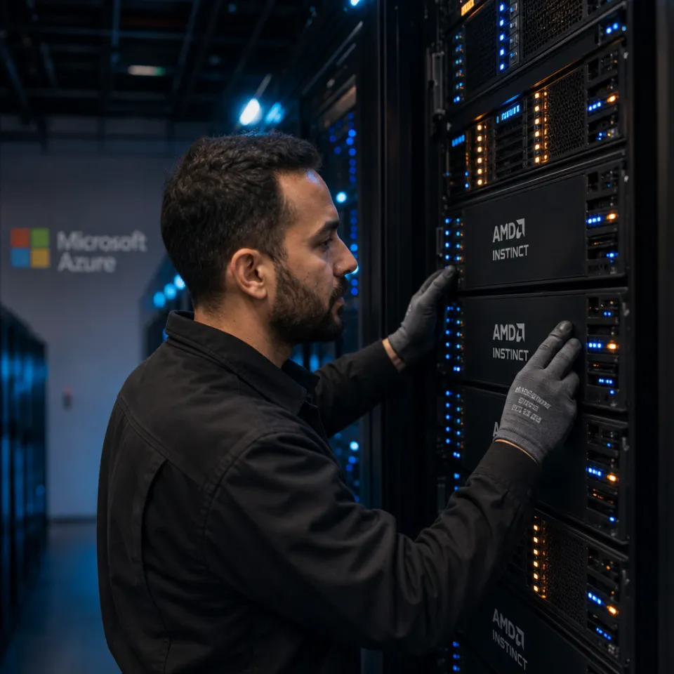 Techniker prüft ein AMD-Instinct-Servergestell mit leuchtenden Statusanzeigen in einem Rechenzentrum, im Hintergrund die Azure-Beschriftung von Microsoft