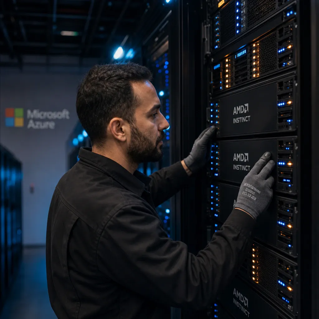 Techniker prüft ein AMD-Instinct-Servergestell mit leuchtenden Statusanzeigen in einem Rechenzentrum, im Hintergrund die Azure-Beschriftung von Microsoft