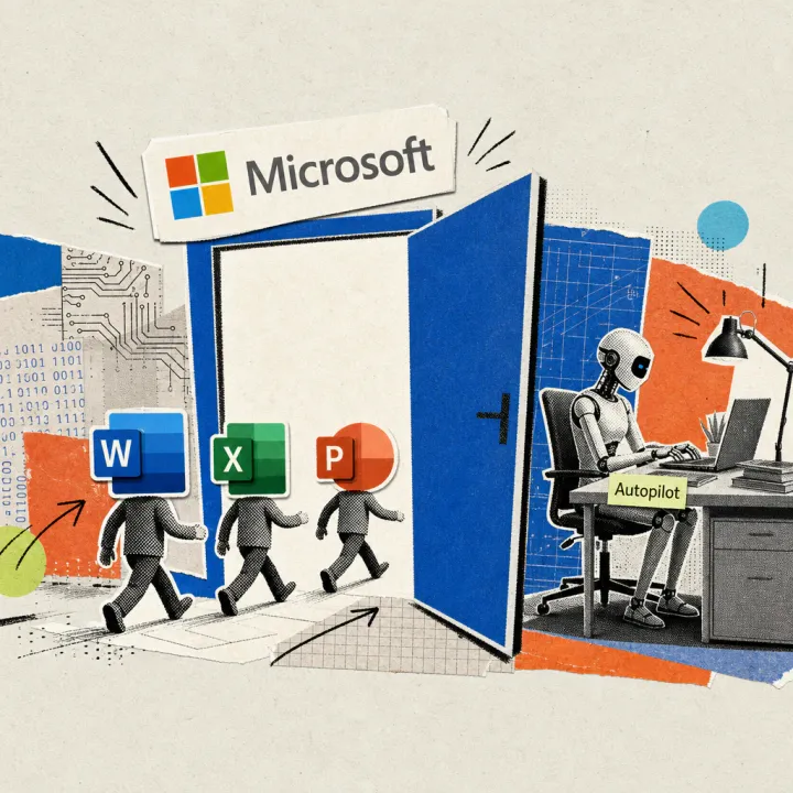 The Microsoft logo sits above an open door through which symbolic figures for Word, Excel, and PowerPoint walk in, while in the background a robot figure with a name tag reading “Autopilot” keeps working alone at a desk.