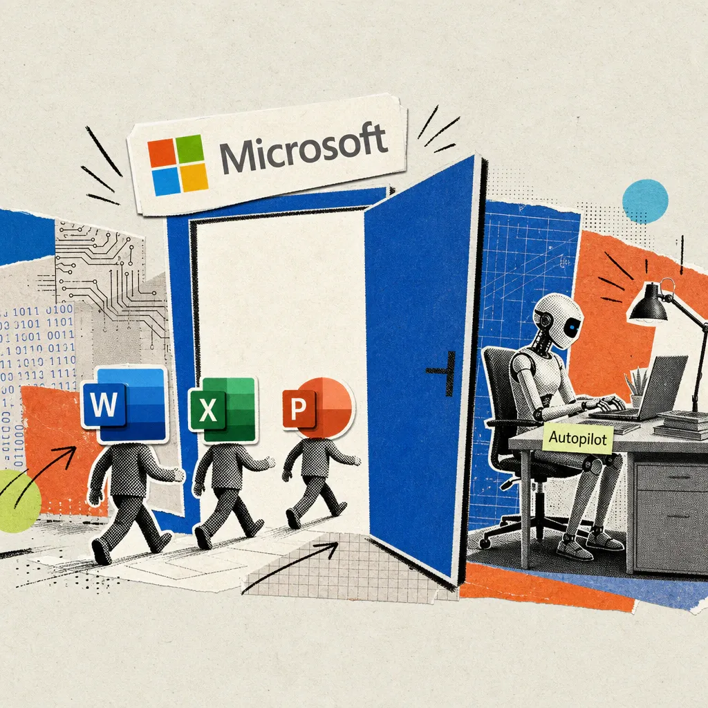 Das Microsoft-Logo prangt über einer offenen Tür, durch die Symbol-Figuren für Word, Excel und PowerPoint hineinlaufen, während im Hintergrund eine Roboterfigur mit Namensschild „Autopilot" allein am Schreibtisch weiterarbeitet.
