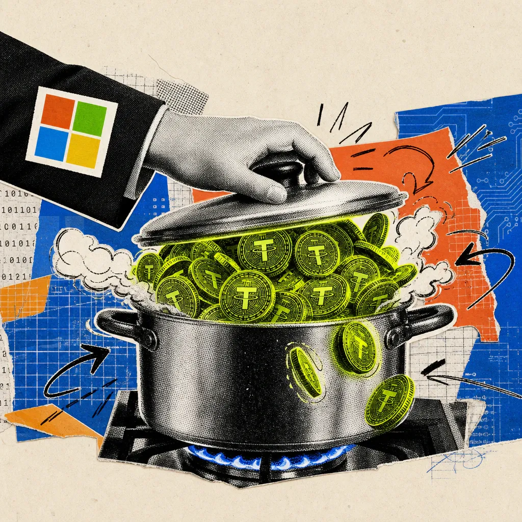 A hand with a Microsoft logo sticker on the sleeve presses a lid onto an overflowing pot full of glowing digital coins.