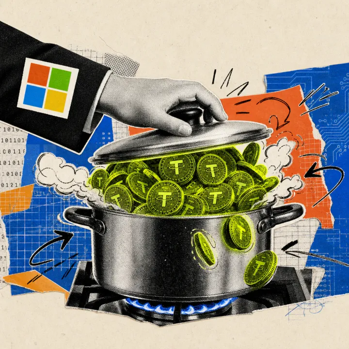 Eine Hand mit Microsoft-Logo-Sticker auf dem Ärmel presst einen Deckel auf einen überquellenden Topf voller leuchtender digitaler Münzen.