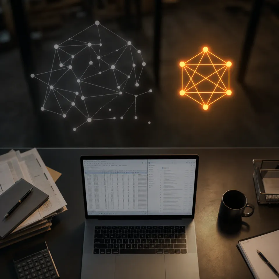 Abstract illustration of a desk with a laptop, above which two geometric network graphics are floating – one fading and one warm, fully connected