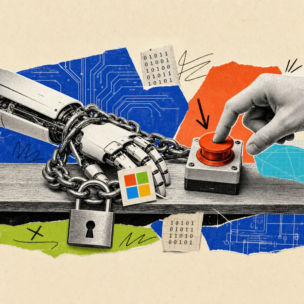 A robotic hand is chained and padlocked to a table while a human hand operates a red switch; a Microsoft logo sticker is affixed to the chain.
