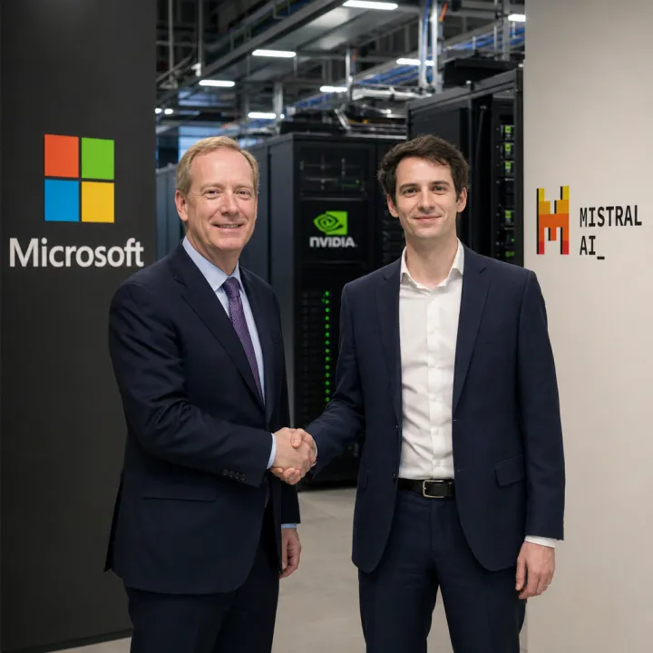 Microsoft Vice President Brad Smith and Mistral CEO Arthur Mensch seal the expanded AI partnership in front of a European data center