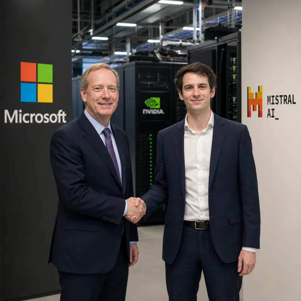 Microsoft Vice President Brad Smith and Mistral CEO Arthur Mensch seal the expanded AI partnership in front of a European data center
