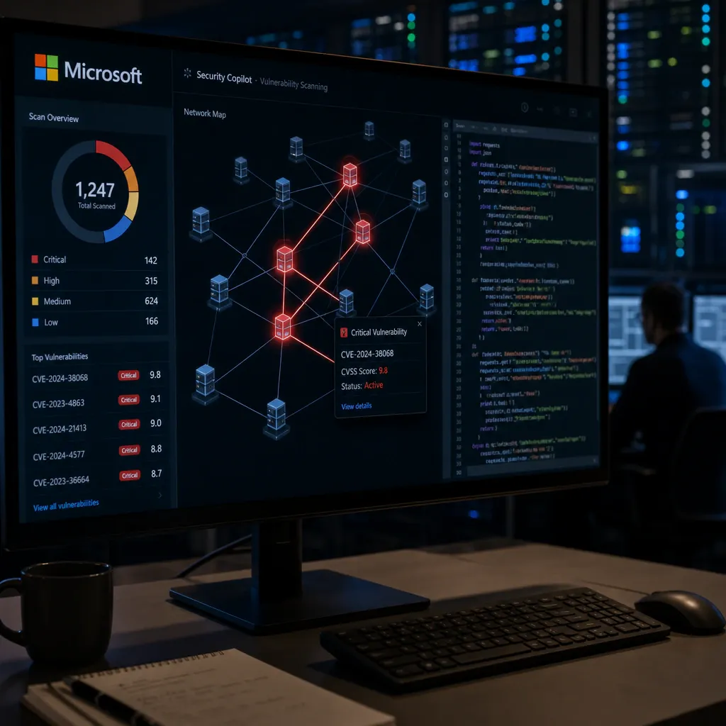 Screen with an AI-powered vulnerability scan interface and the Microsoft logo in an IT security center