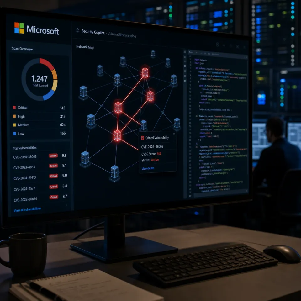 Bildschirm mit einer KI-gestützten Schwachstellen-Scan-Oberfläche und dem Microsoft-Logo in einem IT-Sicherheitszentrum