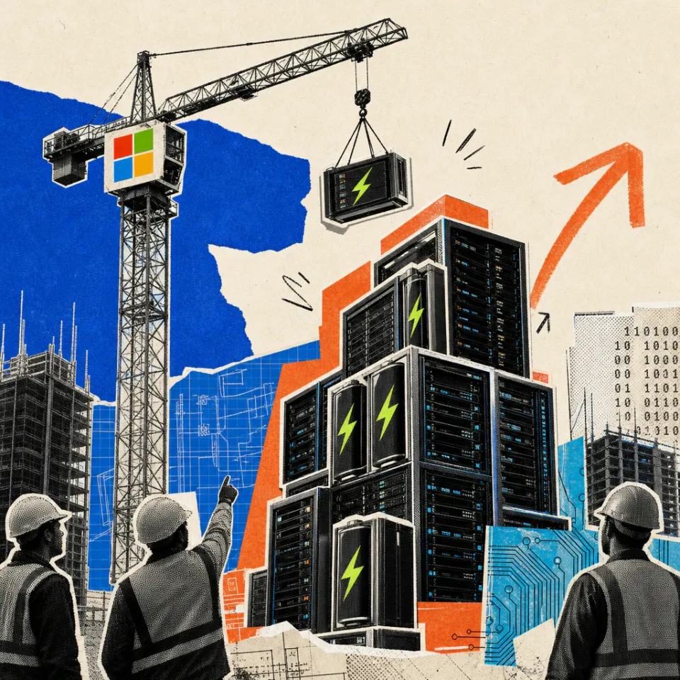 Ein Baukran mit Microsoft-Logo stapelt leuchtende Batterie-Blitze zu einem wachsenden Turm aus Serverschränken, im Hintergrund weitere im Bau befindliche Rechenzentren.