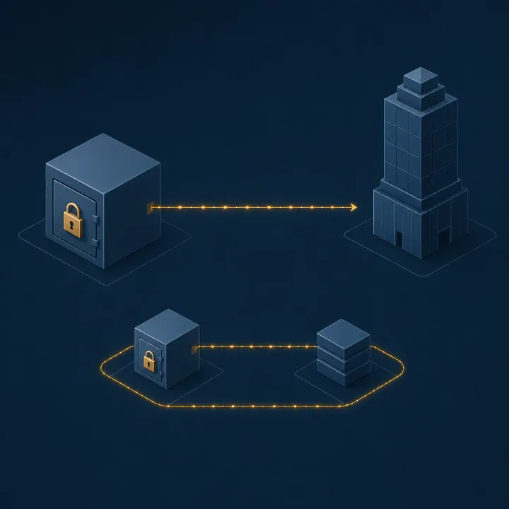 Abstrakte geometrische Illustration: ein verschlossener Tresor, verbunden durch eine dünne Datenlinie mit einem entfernten Turm, im Kontrast zu einem in sich geschlossenen Datenkreislauf, Sinnbild für Datenkontrolle bei geschlossenen versus offenen KI-Modellen