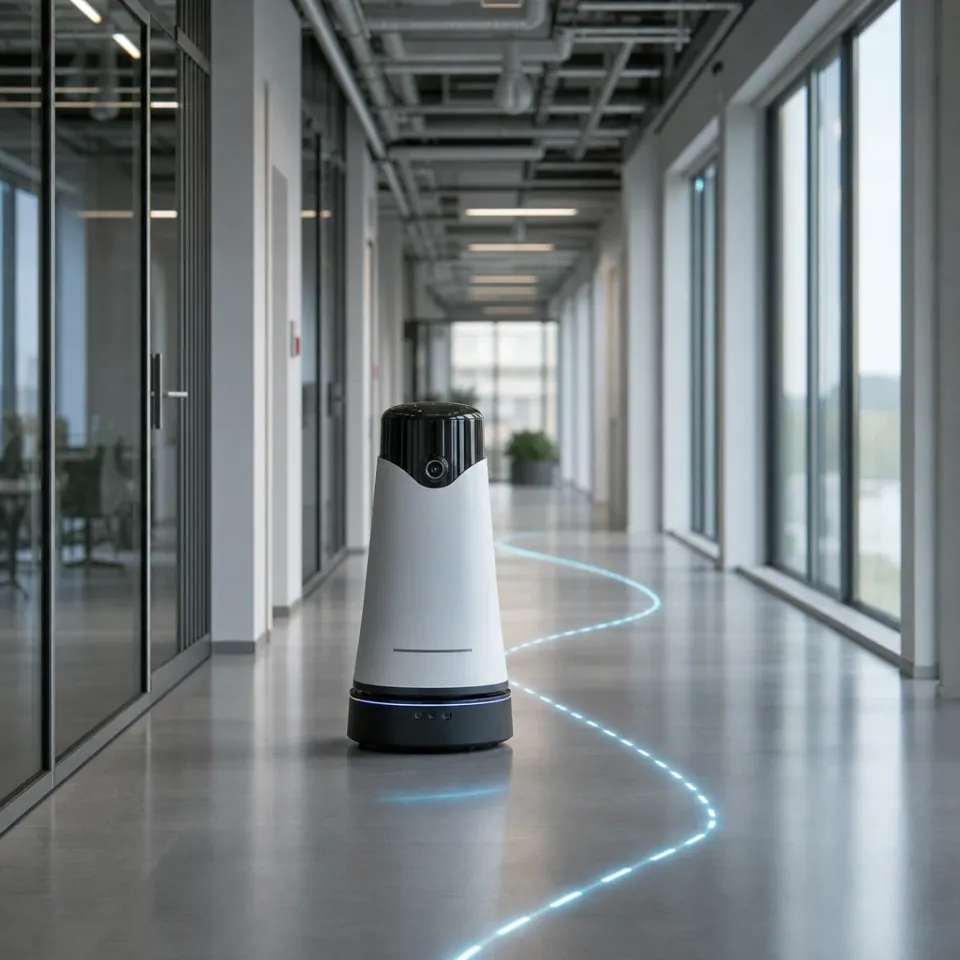 Abstract illustration of a mobile robot with a single camera following a glowing navigation path through an office corridor