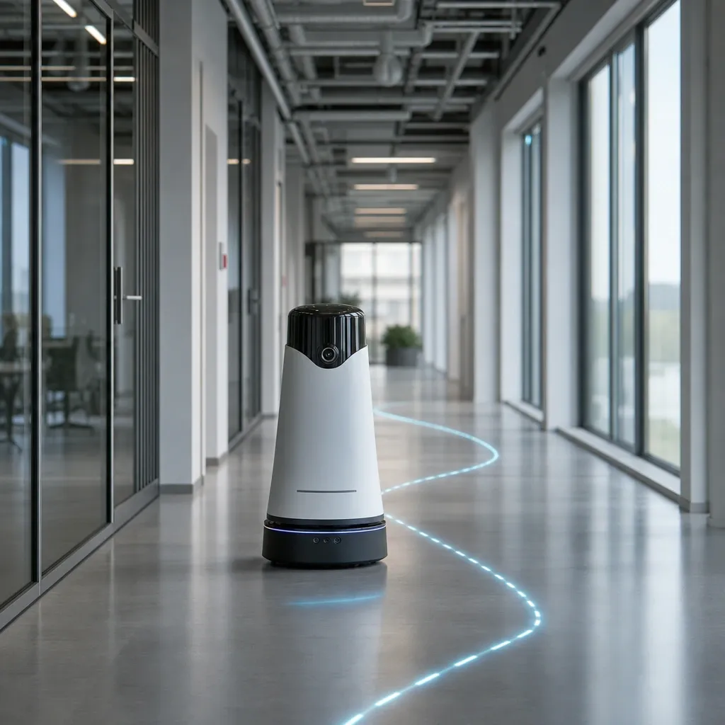 Abstract illustration of a mobile robot with a single camera following a glowing navigation path through an office corridor