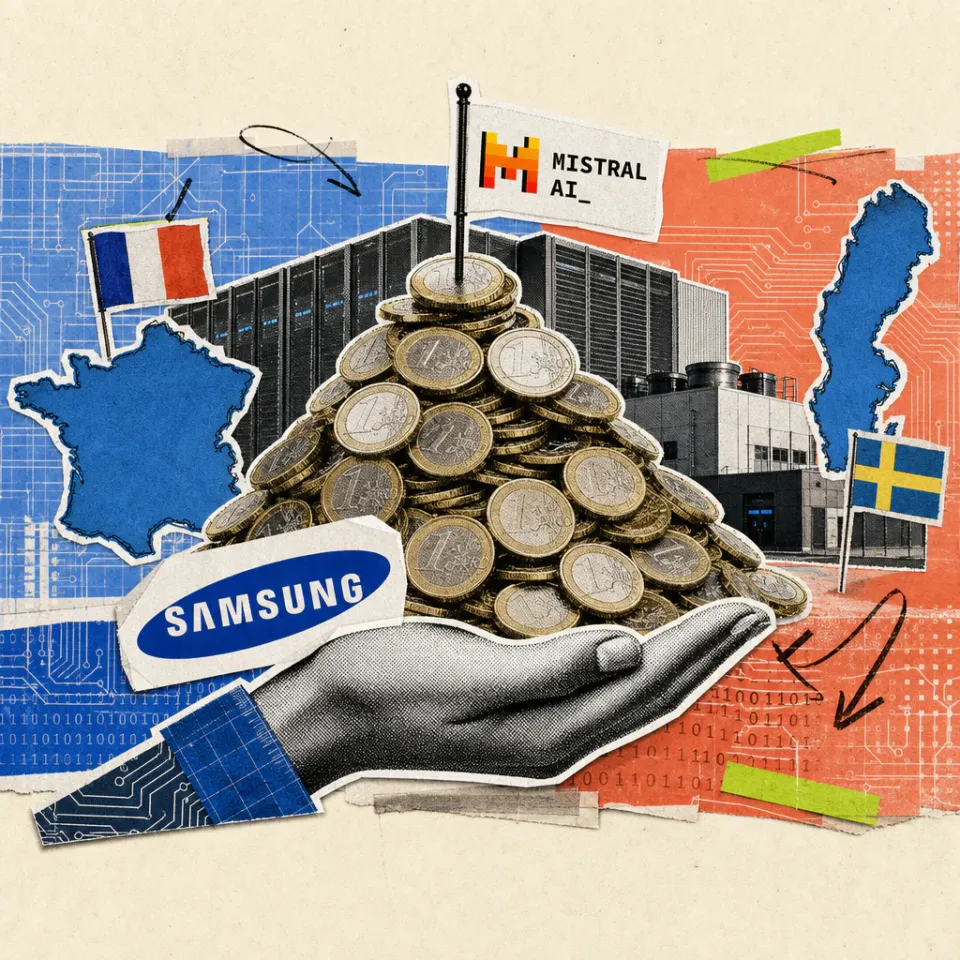 A mountain of euro coins with a Mistral logo flag on top, supported by a hand bearing the Samsung logo, with a schematic data center in the background