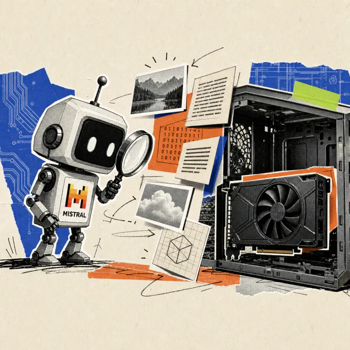 A guardian robot with a Mistral logo examines floating text and image tiles with a magnifying glass, with a single graphics card sitting in an open computer case in the background