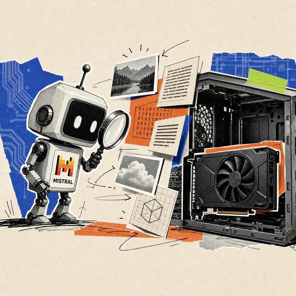A guardian robot with a Mistral logo examines floating text and image tiles with a magnifying glass, with a single graphics card sitting in an open computer case in the background