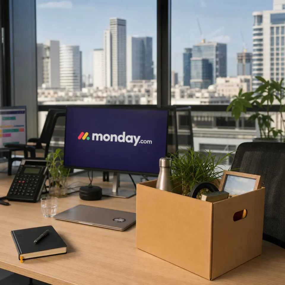 Ein leerer Schreibtisch mit Umzugskarton im Büro von monday.com nach der Ankündigung von 620 Stellenstreichungen im Zuge des Umbaus zu einer KI-Arbeitsplattform.
