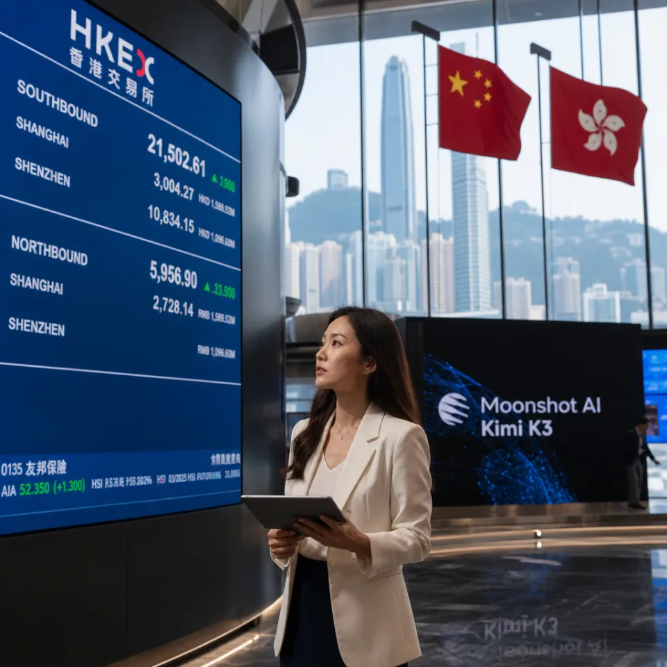 Eine Analystin vor einer digitalen Kurstafel im Foyer der Hongkonger Börse, im Hintergrund ein Bildschirm mit dem Logo von Moonshot AI und dem Namen des KI-Modells Kimi K3