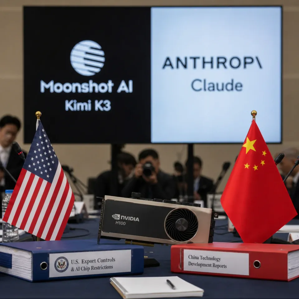 Bildschirm mit den Logos von Moonshot AIs Kimi K3 und Anthropics Claude nebeneinander, davor ein Nvidia-Chip und Aktenordner zwischen US-Flagge und chinesischer Flagge