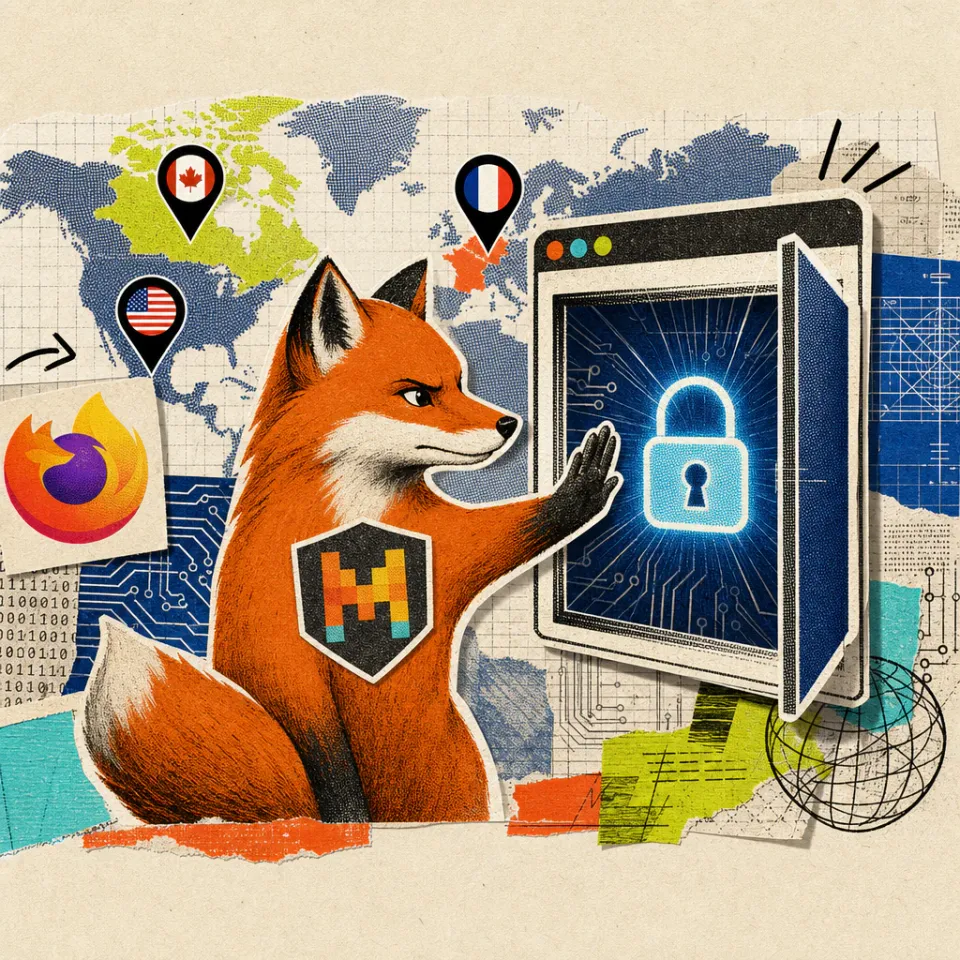 A Firefox fox wearing a Mistral logo badge on its chest shields a browser window showing a glowing padlock icon, with a world map behind it marking France, the USA, and Canada.