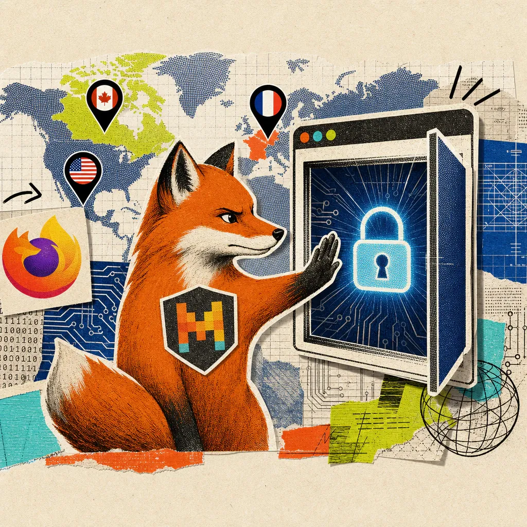 A Firefox fox wearing a Mistral logo badge on its chest shields a browser window showing a glowing padlock icon, with a world map behind it marking France, the USA, and Canada.