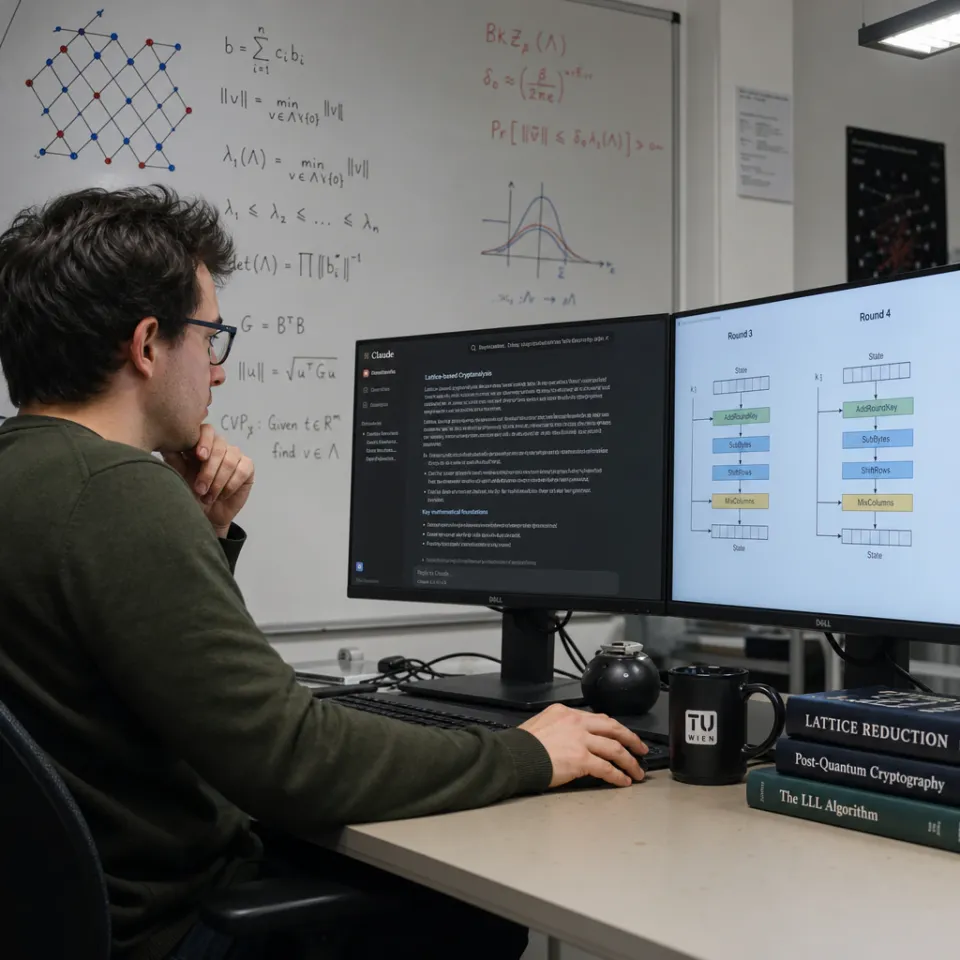 Kryptografie-Forscher prüft an zwei Monitoren Gitterdiagramme und Rundenschemata von Chiffren neben einer laufenden Analyse im Claude-Interface von Anthropic