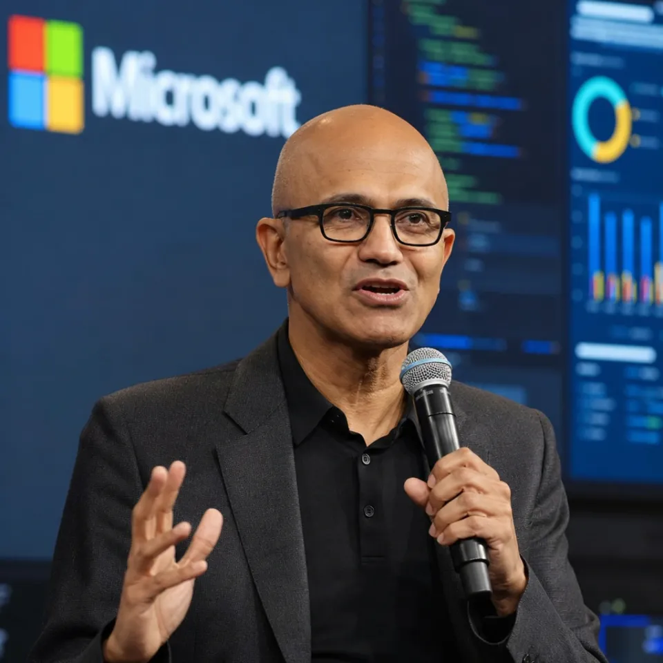 Microsoft CEO Satya Nadella speaking at a conference with a Microsoft logo in the background