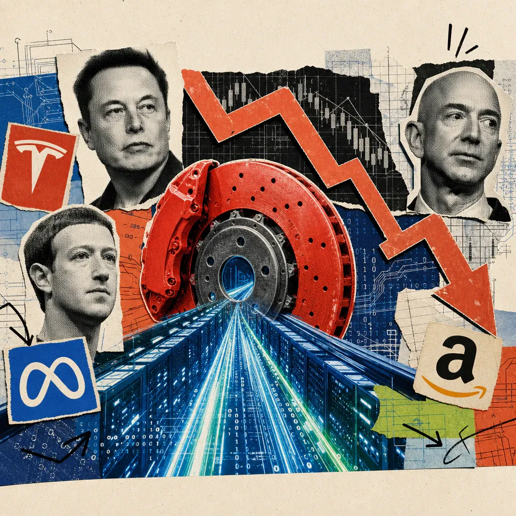 An oversized red brake disc blocks a glowing server track racing upward, while a stock chart arrow abruptly breaks downward in the background.