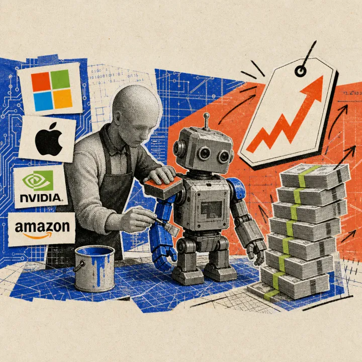 A figure polishes a pre-built robot kit at a workbench, while next to it, a stack of banknotes grows with a steep upward arrow.