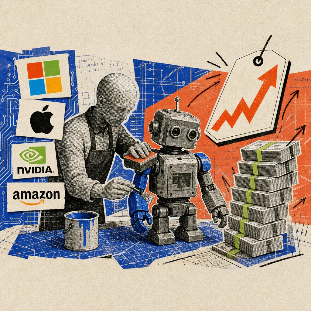 A figure polishes a pre-built robot kit at a workbench, while next to it, a stack of banknotes grows with a steep upward arrow.