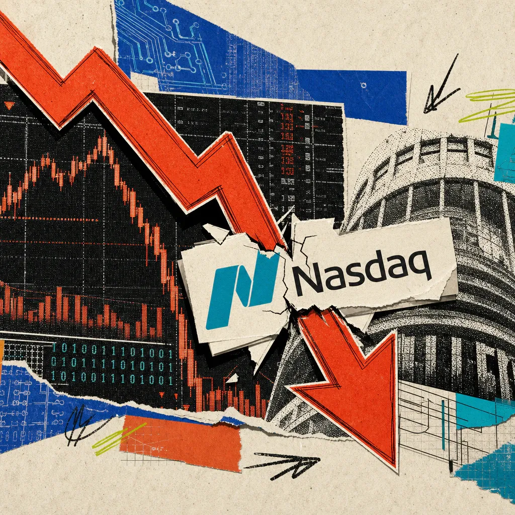 Ein rot fallender Kurspfeil durchbricht einen Nasdaq-Logo-Sticker, im Hintergrund flackernde Börsenkurven-Grafiken auf einer Anzeigetafel