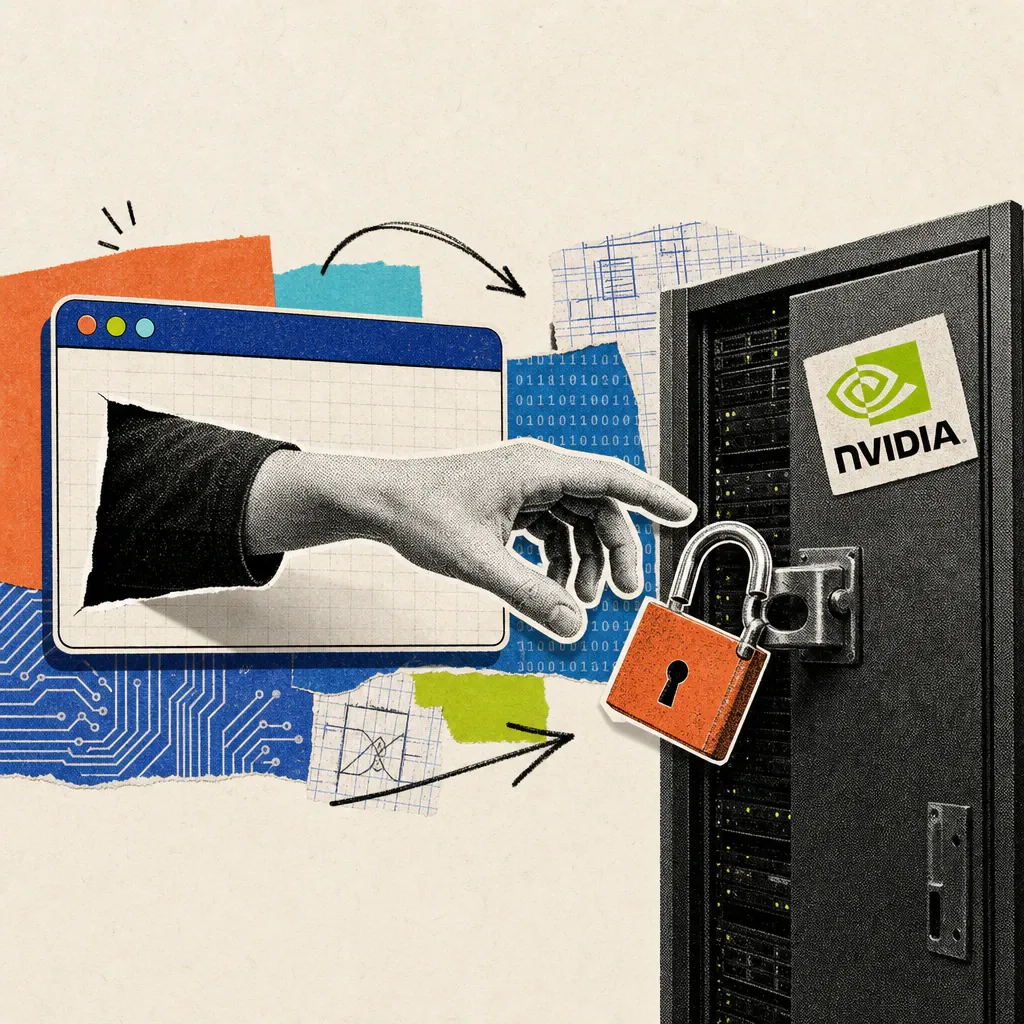 A hand reaches out from a browser window towards a broken padlock on a server cabinet with the NVIDIA logo.