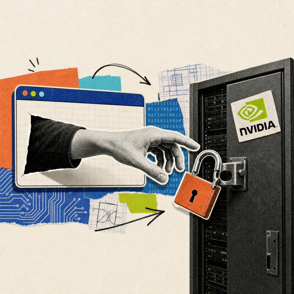 Eine Hand greift aus einem Browserfenster nach einem aufgebrochenen Vorhängeschloss an einem Serverschrank mit NVIDIA-Logo.
