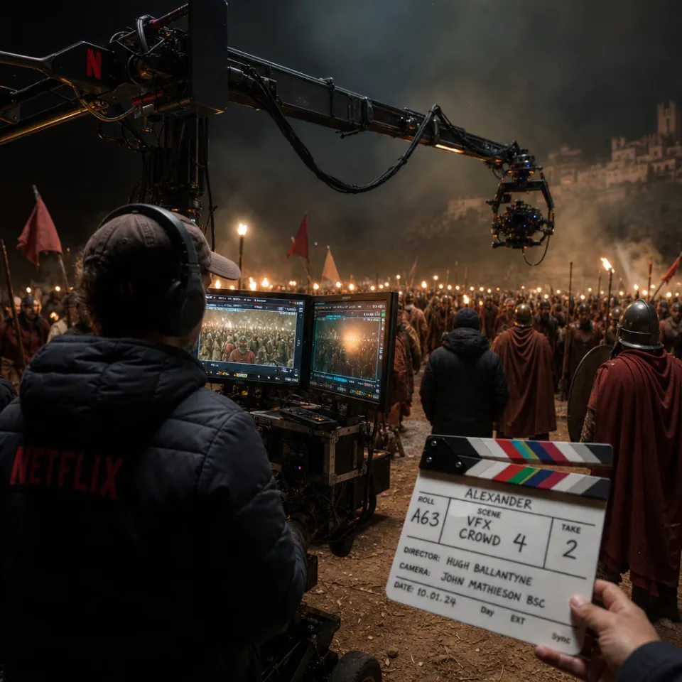 Filmset-Szene mit Kamerakran vor einer digital verstärkten historischen Schlachtszene mit Menschenmenge, Netflix-Logo im Hintergrund