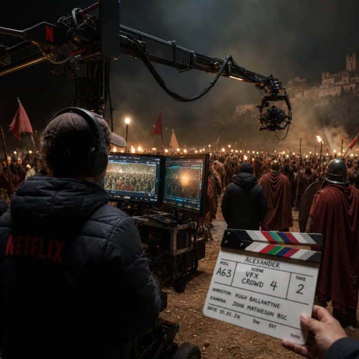 Film set scene with camera crane in front of a digitally enhanced historical battle scene with a crowd, Netflix logo in the background