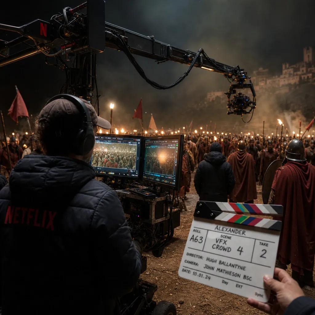 Filmset-Szene mit Kamerakran vor einer digital verstärkten historischen Schlachtszene mit Menschenmenge, Netflix-Logo im Hintergrund