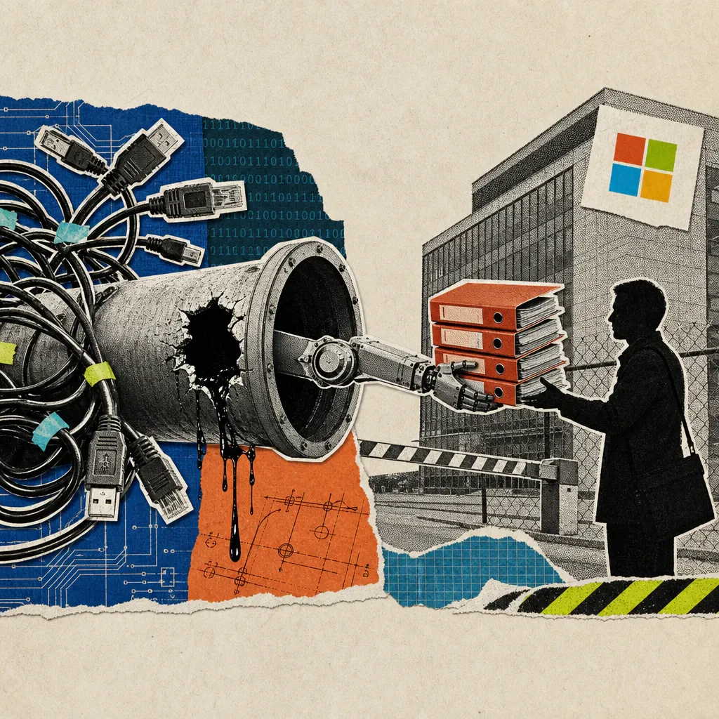 A robotic arm passes file folders through a leaking pipe to a silhouetted figure outside a locked company building, with a network of plugs and cables branching in the background.