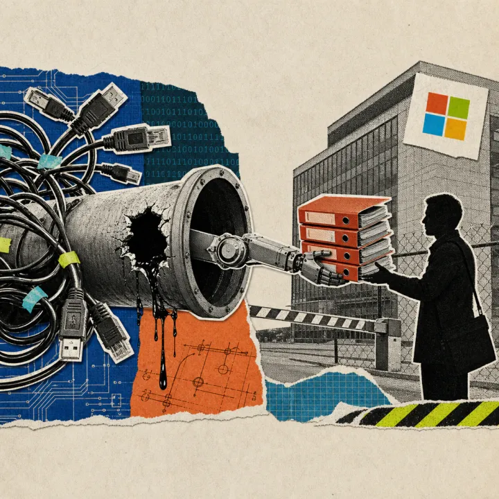 A robotic arm passes file folders through a leaking pipe to a silhouetted figure outside a locked company building, with a network of plugs and cables branching in the background.