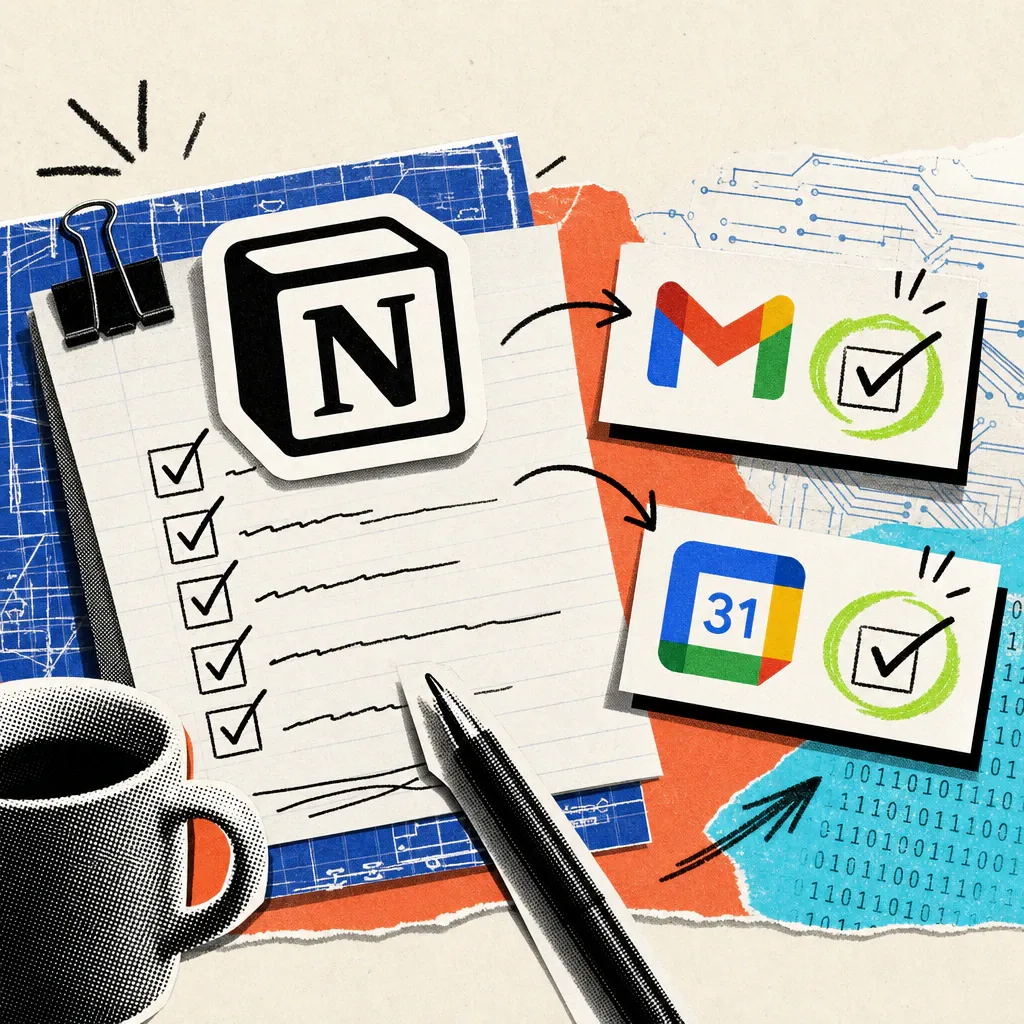 A Notion logo sticker is stuck on a checklist on a desk, next to it float small icon cards for email and calendar that check themselves off.