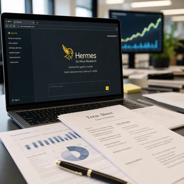 Laptop screen showing the chat interface of Nous Research's open AI agent Hermes, with financial documents from a funding round on a desk in the foreground.