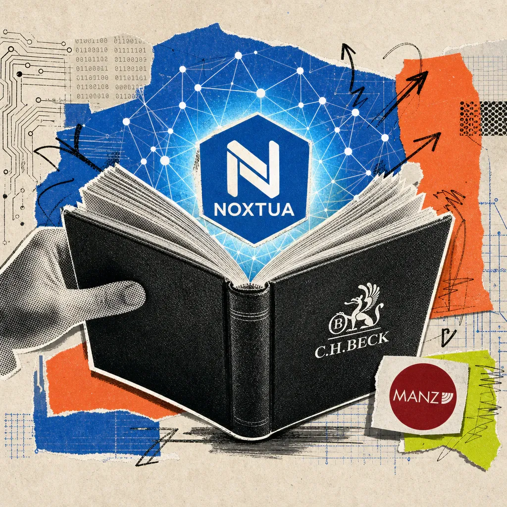 An open law book with the logo of the publisher C.H.Beck, from which a digital network symbol with the Noxtua logo rises, next to a small sticker with the Manz logo.