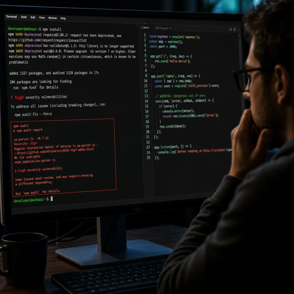 Monitor with an npm terminal and a red security warning next to suspicious code – symbolic image of a supply-chain attack.