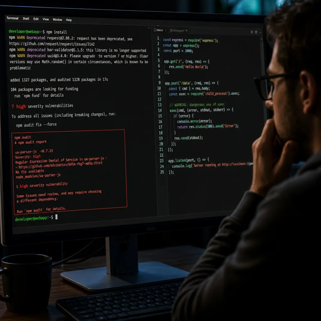 Monitor with an npm terminal and a red security warning next to suspicious code – symbolic image of a supply-chain attack.