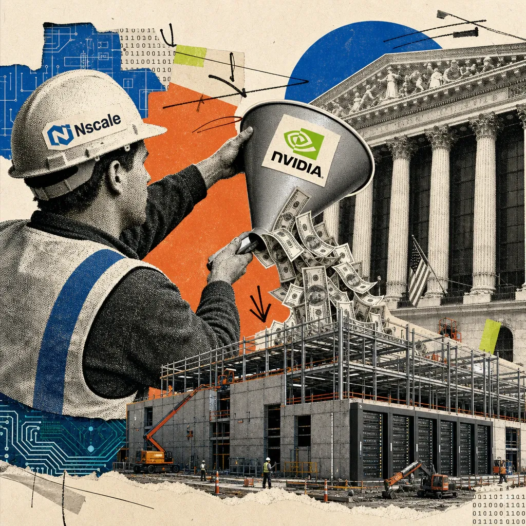 A construction worker wearing a hard hat with the Nscale logo pours cash from a funnel bearing the Nvidia logo over a data center under construction, with the columned facade of the New York Stock Exchange rising in the background.