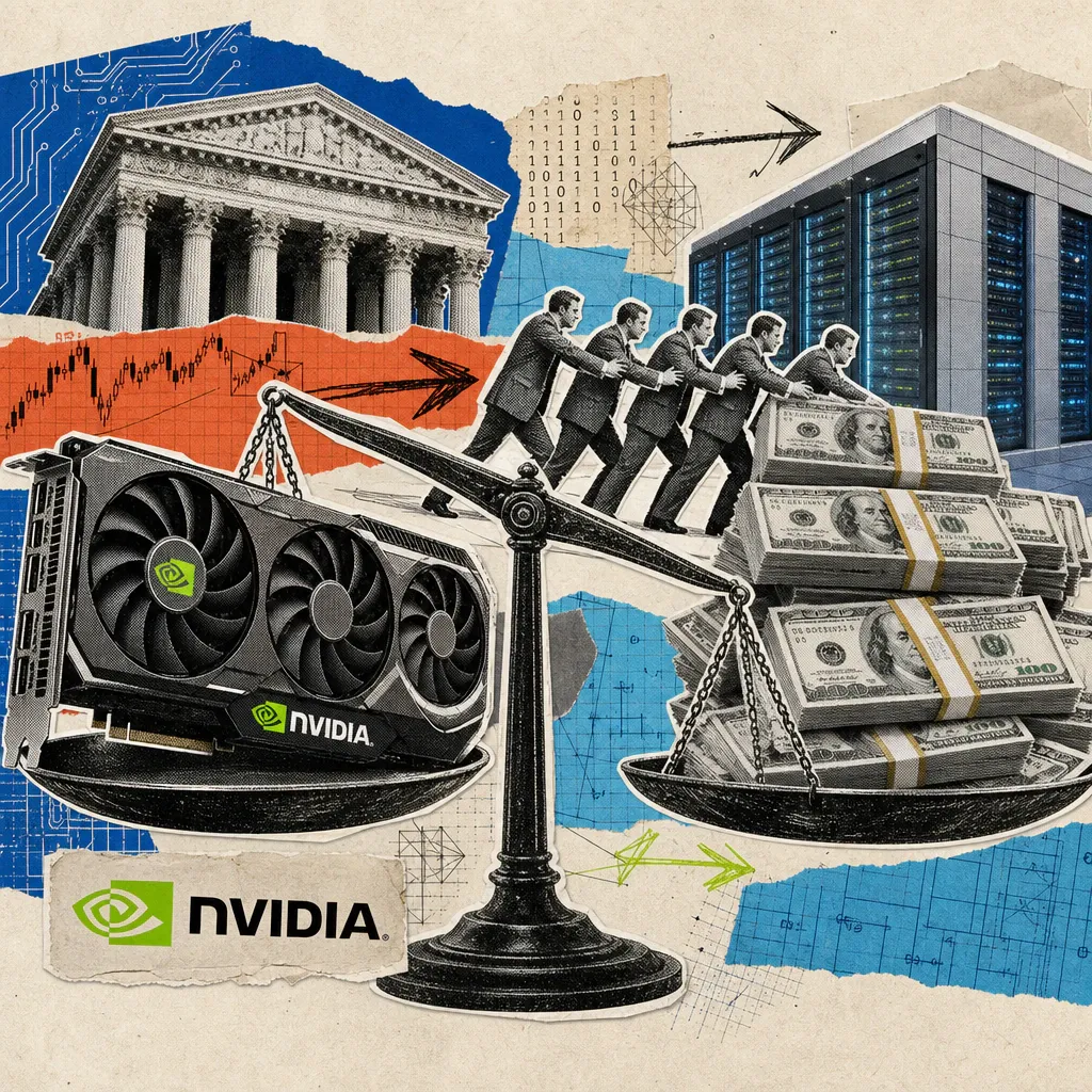 An oversized graphics card with a visible Nvidia logo lies on a scale as collateral, while stylized Wall Street columns push stacks of dollar bills towards a data center in the background.