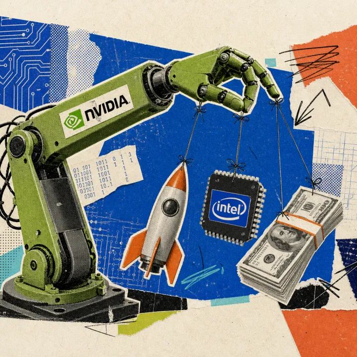A green robotic arm with an Nvidia logo sticker dangles a toy rocket, a microchip with an Intel sticker, and a stack of dollar bills from strings like puppets.